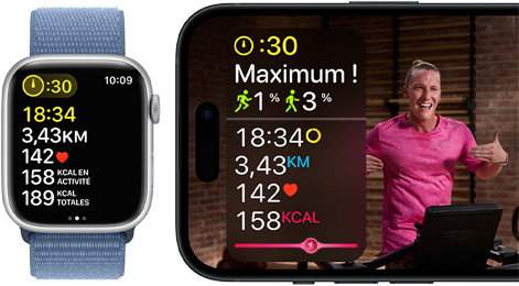 Données d'exercice affichées sur Apple Watch et entraînement Apple Fitness+ sur iPhone