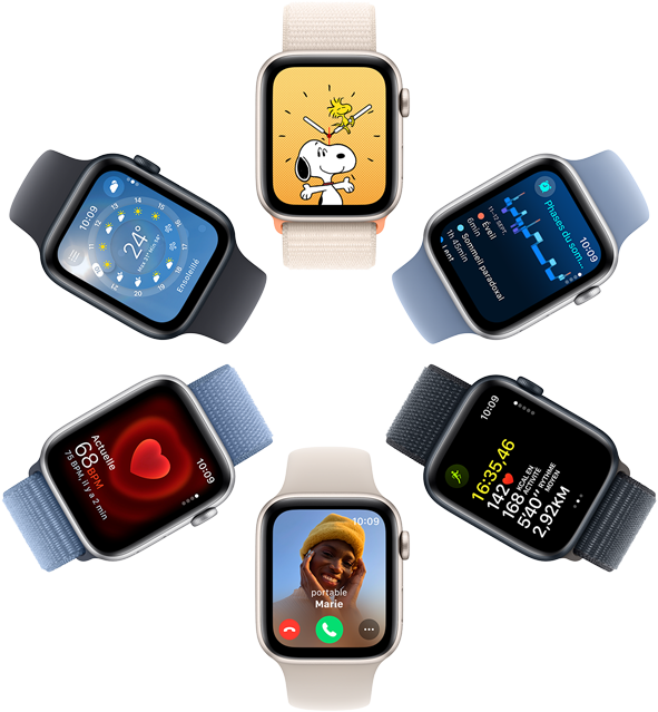 Une vue aérienne de six Apple Watch SE dont les six écrans affichent respectivement le fond d'écran Snoopy, des données de l'app Santé, des données de l'app Exercice, un appel entrant, la Fréquence cardiaque et l'app Météo.