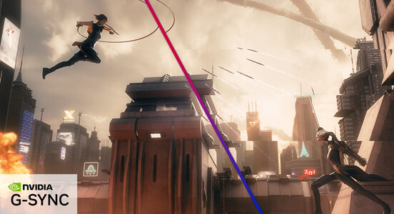 Une image de comparaison montrant la différence entre la fréquence de rafraîchissement et la fréquence d'images du GPU grâce à la technologie G-Sync qui réduit le « motion tearing ».