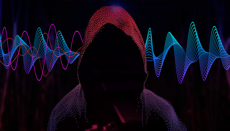 Deux ondes sonores de gauche à droite. Après avoir traversé une personne au milieu de l'image, une onde sonore est filtrée.