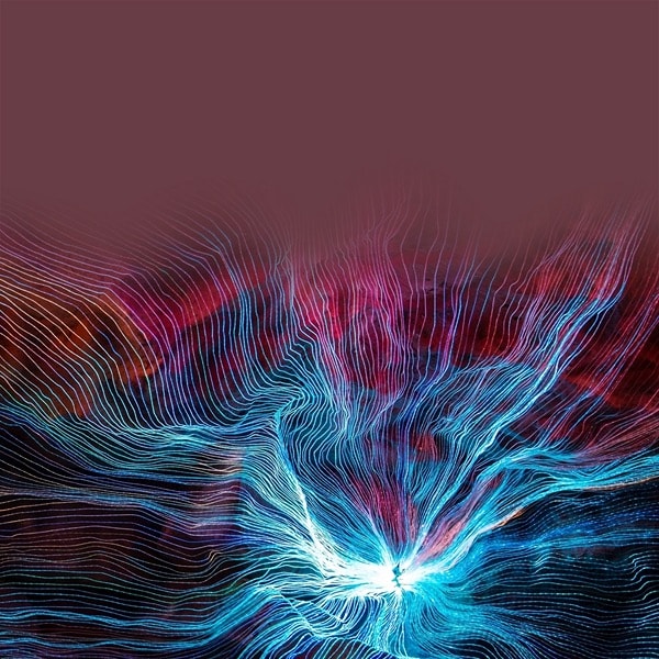 Une image de réseau bleu rayonnant s'étend à partir du centre sur un fond rouge.