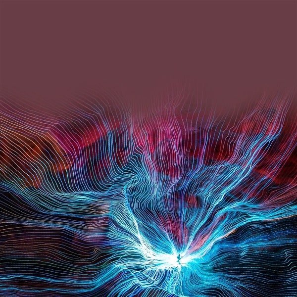 Une image de réseau bleu rayonnant s'étend à partir du centre sur un fond rouge.