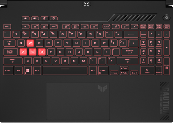 Gros plan sur le clavier, avec les touches éclairées en rouge.