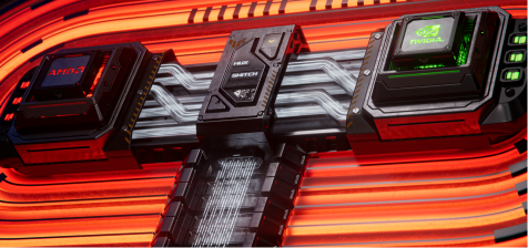 Schéma simplifié d'un CPU, d'un GPU et d'un switch MUX acheminant le signal d'affichage vers l'écran de l'ordinateur portable.