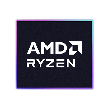 Logo AMD Ryzen sur fond noir, avec des couleurs bleu sarcelle et rose.