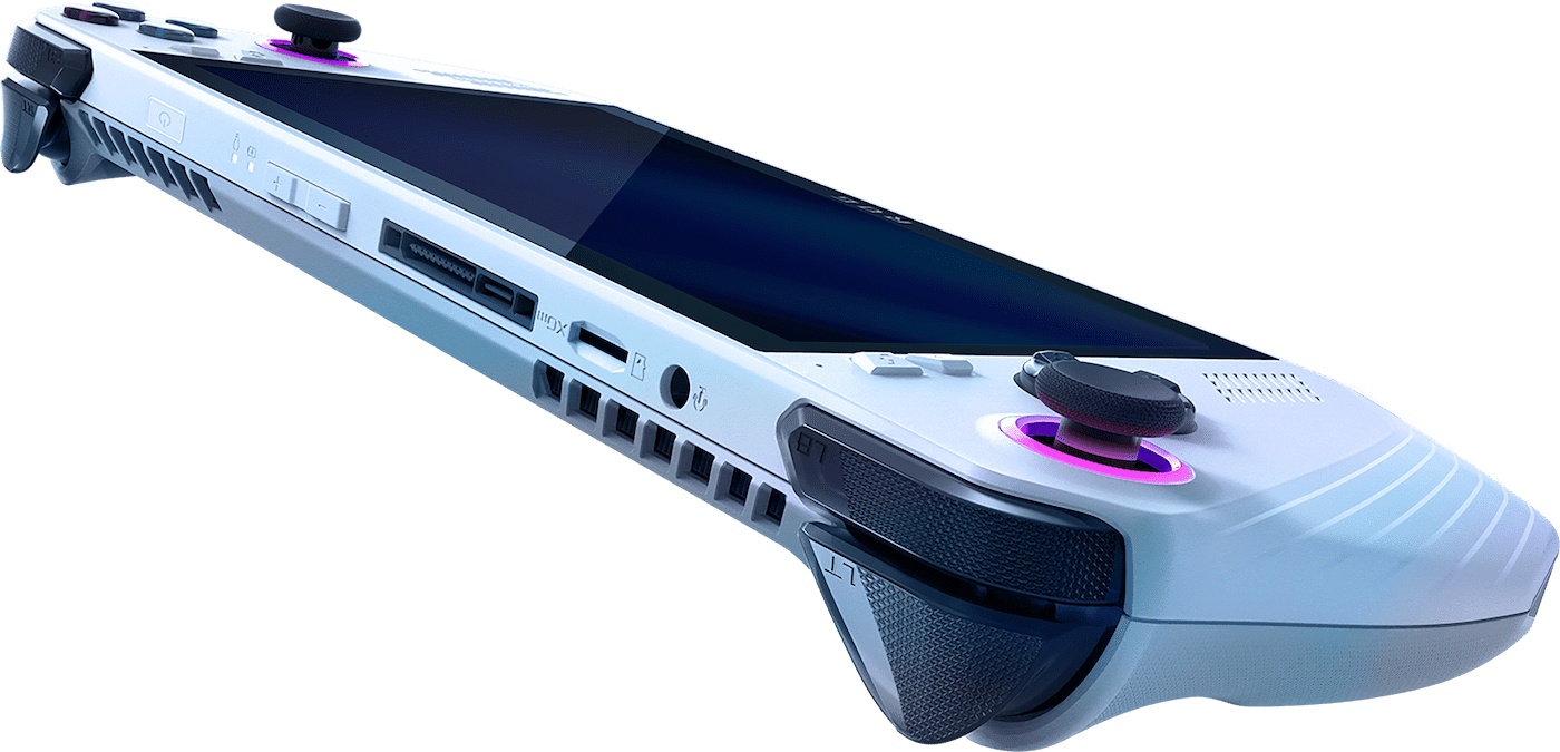 Vue du dessus de la ROG Ally, avec tous les boutons et ports d'E/S identifiés.