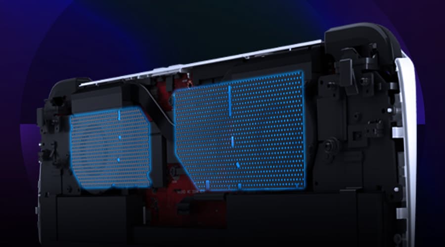 Rendu 3D de la Ally avec le panneau arrière enlevé, montrant l'emplacement des doubles filtres à poussière au-dessus des prises d'air.