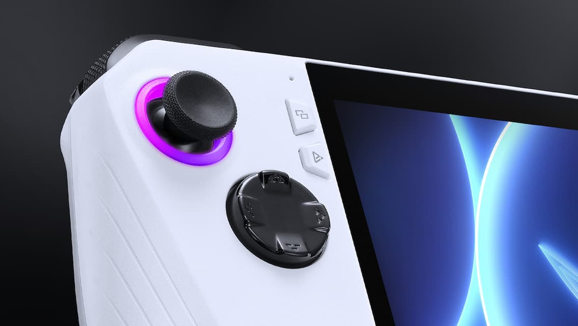 Gros plan sur le joystick gauche et le D-pad de la ROG Ally.