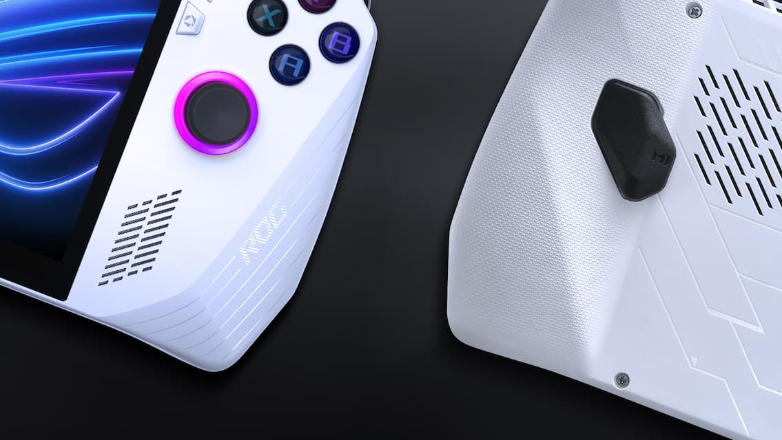 Deux ROG Ally, l'un face visible et l'autre inversée, en mettant l'accent sur les boutons et les gâchettes.