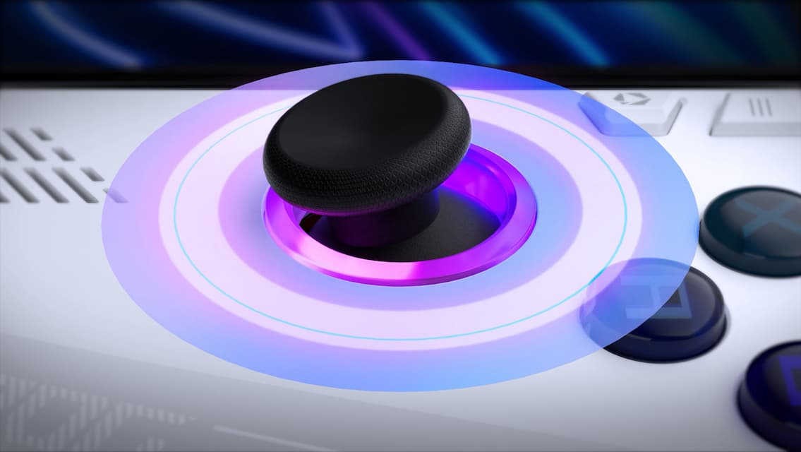 Très gros plan d'un joystick sur la ROG Ally, avec le joystick dévié.