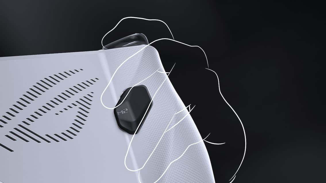 ROG Ally vu de l'arrière, avec une découpe filaire simulée d'une main sur les poignées.