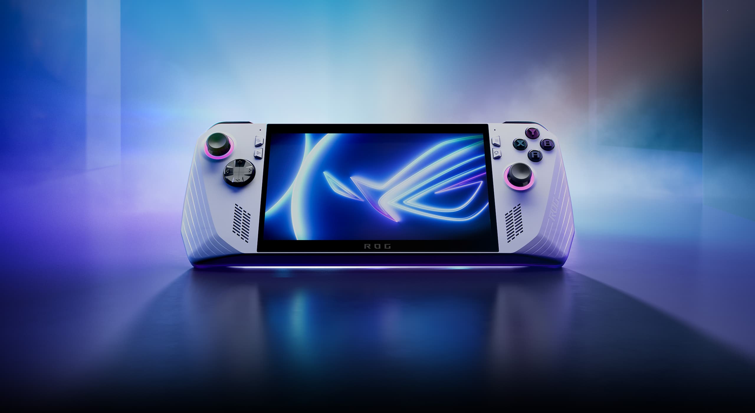 ROG Ally sur le sol avec un fond bleu clair, et les mots « ROG Ally. #playALLYourgames » en légende.