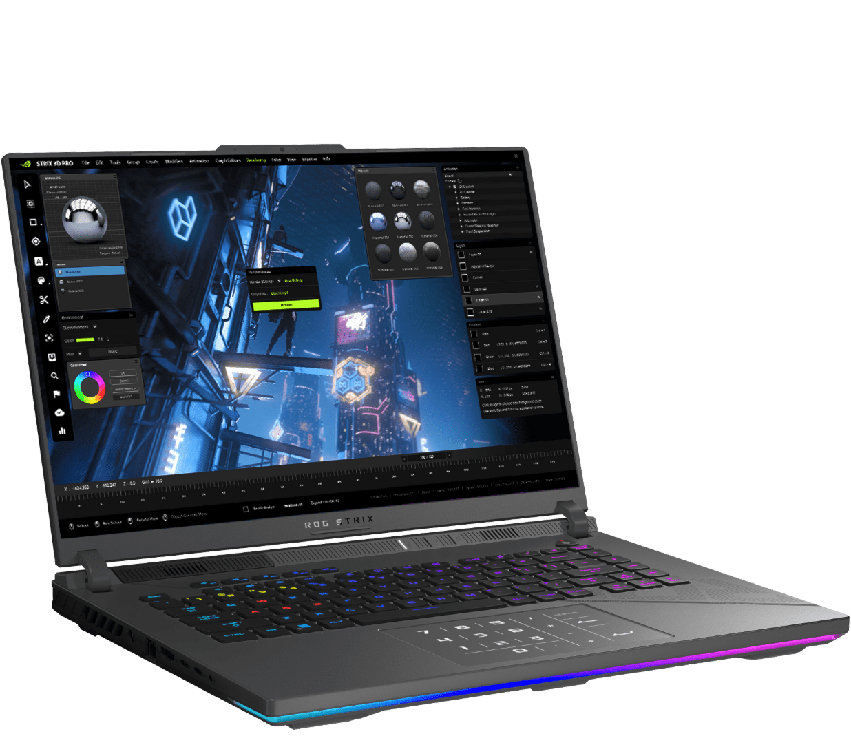 La face avant du G16 est présentée, avec un rendu du personnage PKD debout sur le clavier, et l'interface utilisateur du logiciel de rendu 3D à l'écran.