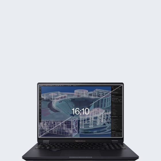 Vue de face d'un écran ProArt Studiobook 16 OLED affichant un format 16:10