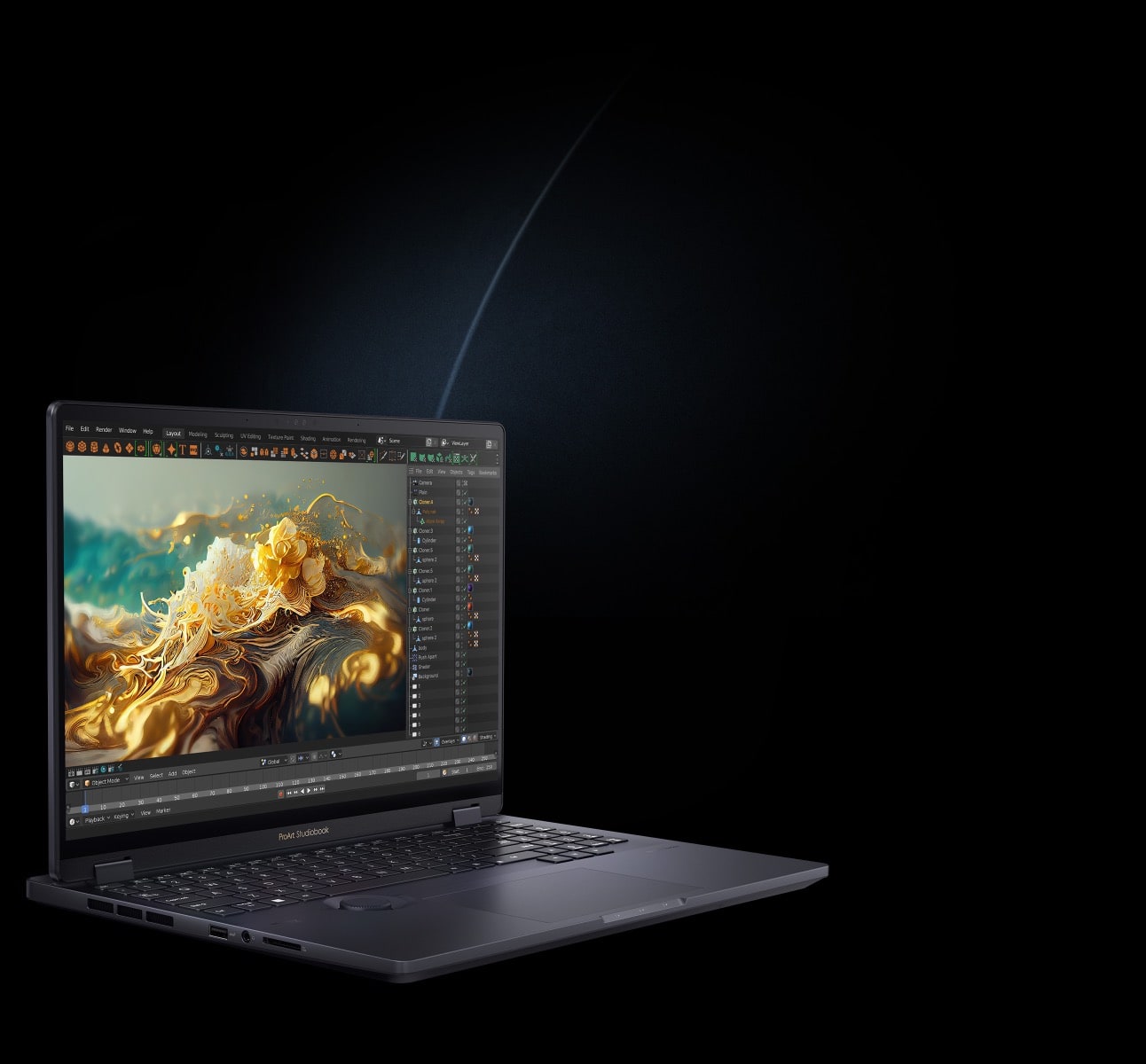 Un ProArt Studiobook 16 OLED est présenté avec des tâches d'édition vidéo visibles à l'écran.