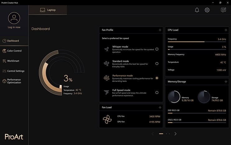 Un Studiobook ProArt avec l'interface de l'application ProArt Creator Hub Dashboard à l'écran.
