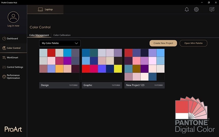 Un Studiobook ProArt avec l'interface de l'application ProArt Creator Hub Gestion des couleurs à l'écran.
