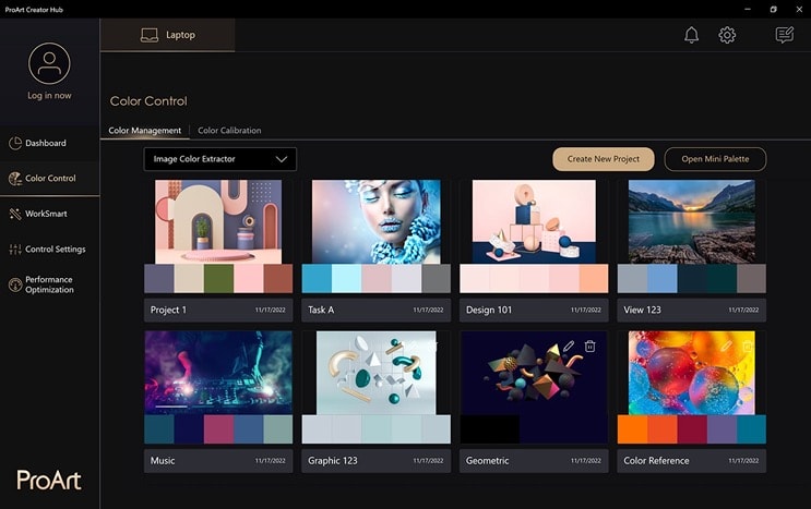 Un Studiobook ProArt avec l'interface de l'application ProArt Creator Hub Gestion des couleurs à l'écran.