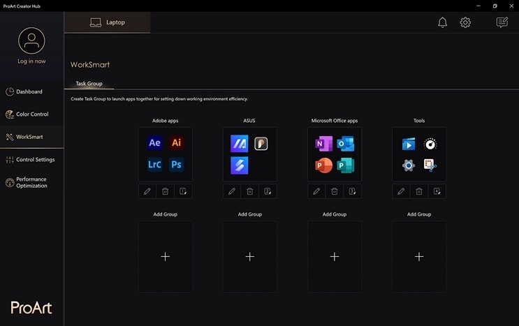Un Studiobook ProArt avec l'interface de l'application ProArt Creator Hub WorkSmart à l'écran.