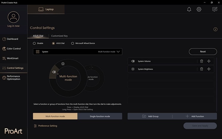 Un Studiobook ProArt avec l'interface de l'application ProArt Creator Hub Contrôle des paramètres du DialPad à l'écran.