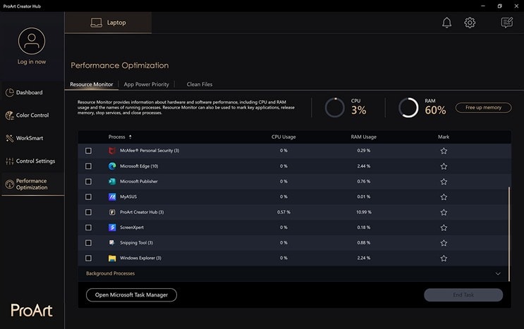 Un Studiobook ProArt avec l'interface de l'application ProArt Creator Hub Optimisation des performances à l'écran.
