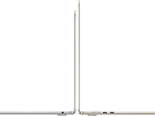Vue latérale de MacBook Air 13 et 15 pouces en finitions argent et lumière stellaire, ouverts et dos à dos