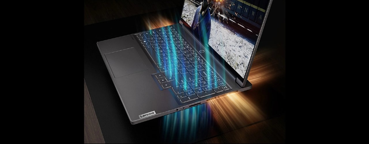 Legion Slim 7 Gen 7 (16'' AMD) ouvert, illustrant le flux d’air du système de refroidissement Coldfront 4.0.