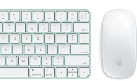 Vue de haut en gros plan d'un Magic Keyboard avec Touch ID à côté d'une Magic Mouse.