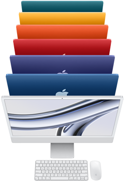 Vue de haut de 7 iMac en argent, bleu, mauve, rose, orange, jaune et vert.