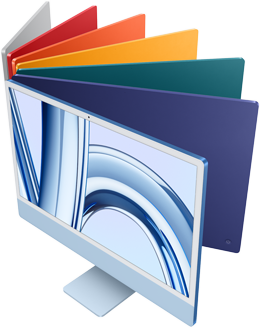 7 iMac dans 7 couleurs éclatantes : bleu, mauve, vert, jaune, orange, rose et argent.