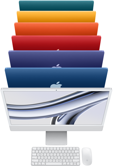 Vue de haut de plusieurs iMac en vert, jaune, orange, rose, mauve et bleu, et vue de face d'un iMac argent avec Magic Keyboard et Magic Mouse.