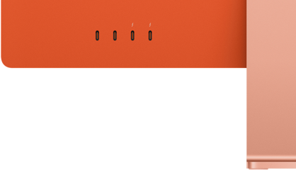 Gros plan de l'arrière d'un iMac montrant 2 ports Thunderbolt/USB 4 et 2 ports USB 3 dans le coin inférieur gauche.