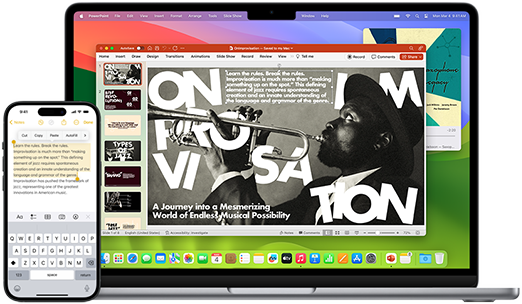 MacBook Air et iPhone côte à côte, dont les écrans illustrent la copie d'un texte depuis l'iPhone vers un document affiché sur le MacBook Air