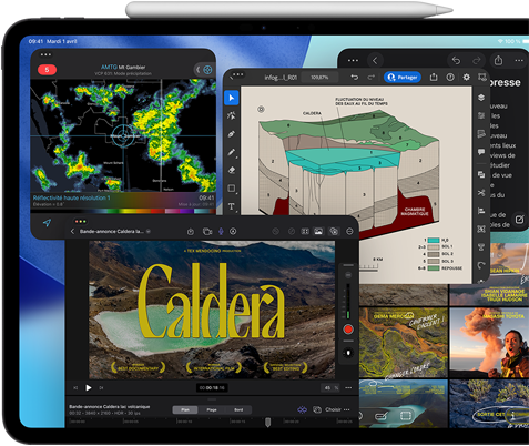 iPad Pro, face avant, orientation paysage, noir sidéral, Apple Pencil posé sur l’appareil, écran affichant plusieurs fenêtres d’apps en mosaïque, dont Final Cut Pro avec plusieurs fonctionnalités de montage vidéo et une timeline, Plans, Notes et différents plans multimédias