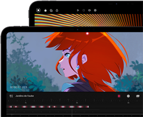 iPad Pro 13 pouces et iPad Pro 11 pouces, face avant, orientation paysage, noir sidéral, angles arrondis, cadre noir de l’écran, écran de l’iPad 11 pouces affichant une image éclatante d’un personnage aux cheveux roux, écran de l’iPad 13 pouces affichant des éléments colorés de l’interface de retouche photo